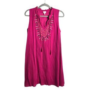 Cupio Boho Gauzy Embroidered Tunic Dress Notch Neck Tassles Fully Lined Size M